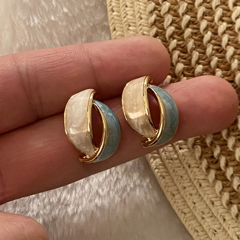 Stainless Steel Stud Earrings For Women Chic Geometric Twisted Leaf Enamel Contrast Color Marble Pattern Gold Plated Edge