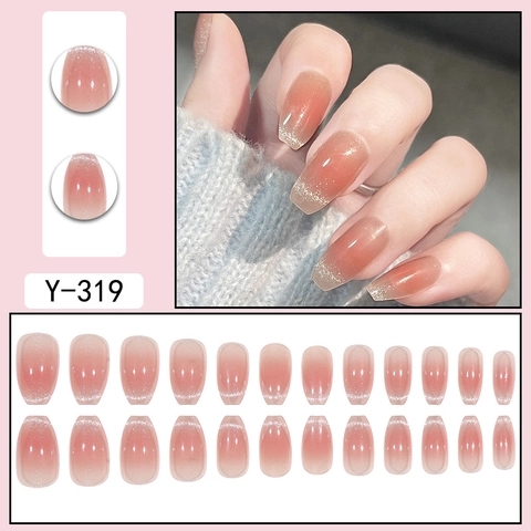 Französischer Stil Aufpressnägel Farbverlauf Rosa Katzenaugeneffekt Silber Glitzer Schimmer Elegante Sargform Falsche Nägel Für Damen