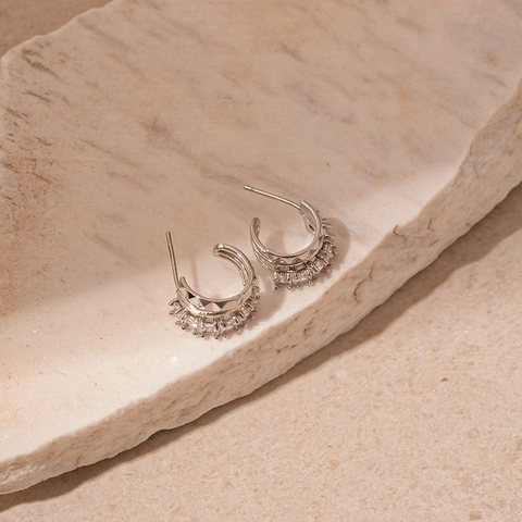 C-Shaped Double Layer Hoop Earrings Copper Zircon Geometric Stud Texture Fashion Commute For Women With Silver Earring Post