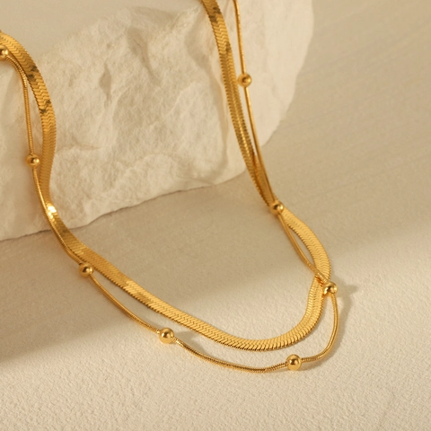 Collar De Doble Capa De Acero Inoxidable Cadena De Serpiente Plana Y Cadena De Cuentas Impermeable No Se Desvanece Para Mujer