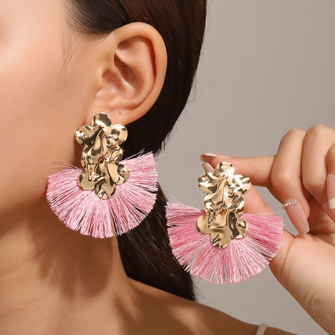Bohemian Fan Shaped Tassel Earrings For Women Alloy Flower Statement Drop Earrings Jewelry Vintage Style Party Accessories