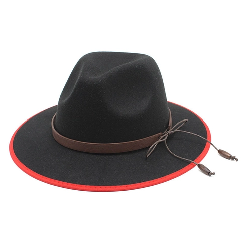 Fedora Hut Breiter Krempe Baumwolle Polyester Filz Britischer Retro Jazz Hut Kontrast Einfassung Lederband Holzperlen
