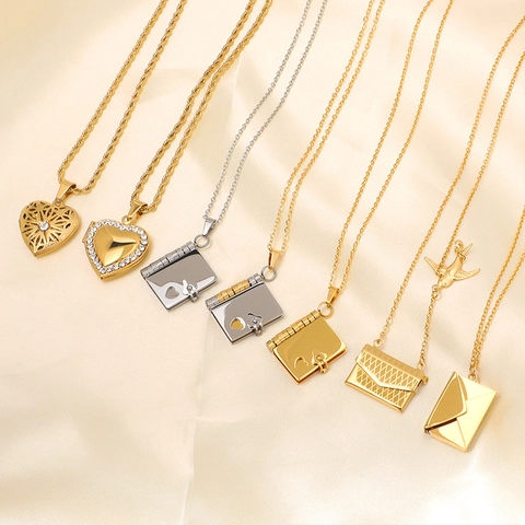 Collana Vintage In Acciaio Inossidabile Placcato Oro 18K Con Ciondolo A Cuore Libro Busta Per Donna Medaglione Gioielli