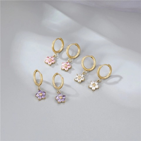 Blumen Anhänger Creolen Titanstahl Zirkonia Floral Hängend Luxus Süß Modeschmuck Für Damen