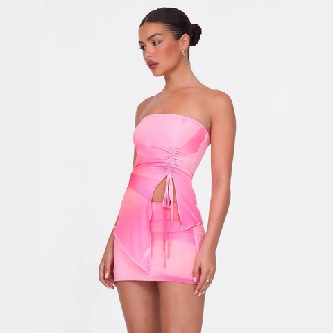 Set Top A Tubo E Minigonna Poliestere Spandex Rosa Tie Dye Arricciato Coulisse Asimmetrico Estate Sexy Moda