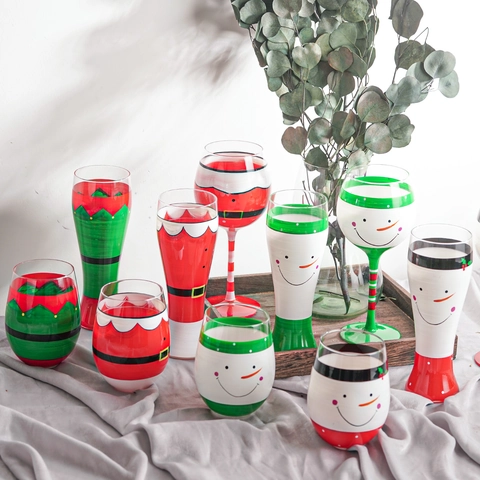 Kerst Handgeschilderde Glazen Wijn Bier Bekers Kerstman Sneeuwpop Elf Thema Feestelijke Vakantie Drinkware Nieuwjaar Cadeau