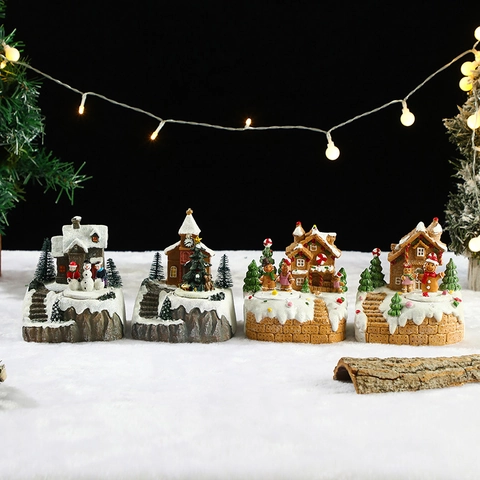 Casetta Villaggio Di Natale Musicale Con LED Resina Pan Di Zenzero Cabina Rotante Decorazione Da Tavolo Per Le Feste