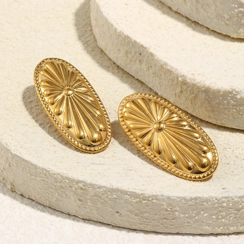 Vintage Oval Schild Ohrstecker 18K Vergoldet Edelstahl Sonnenstrahl Strahlendes Muster Geprägter Schmuck Für Damen