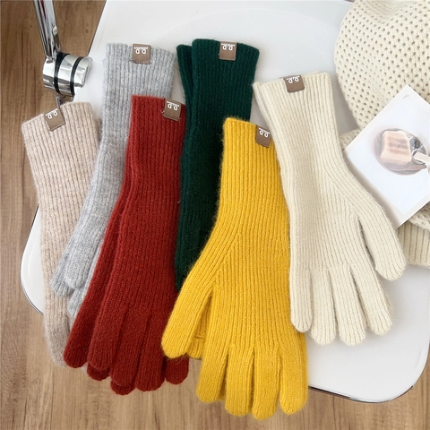 Polyester Knit Gloves Solid Color Thermal Five Finger Winter Warm Ribbed Outdoor Casual Unisex