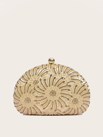Elegant Evening Clutch Bag Shell Shape Rhinestone Sequin Spiral Pattern Metal Ball Lock Chain Strap Women Wedding Prom Party