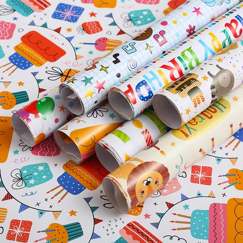Birthday Gift Wrapping Paper Coated Paper Cartoon Animal Cake Rainbow Party Decoration Kids Boys Girls Holiday