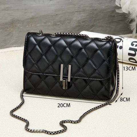 Fashion Women Quilted Chain Crossbody Bag PU Leather Rhombic Pattern Small Square Shoulder Bag With Metal Lock Black Red