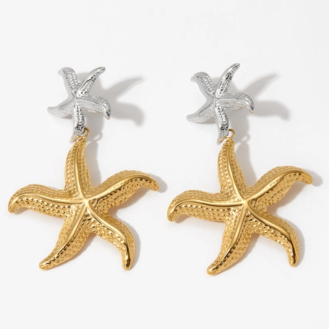 Starfish Drop Earrings Double Layer Stainless Steel Gold Plated Textured Beach Summer Vacation Jewelry For Women