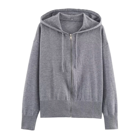 Sudadera De Punto Con Capucha Y Cremallera Para Mujer Casual De Manga Larga Color Sólido Acrílico Chaqueta