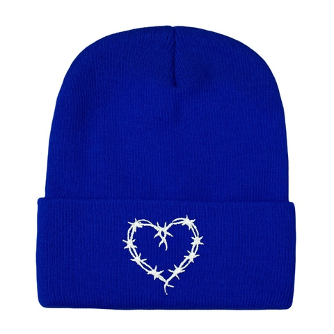 Acrylic Knitted Beanie Hat Heart Barbed Wire Embroidery Streetwear Winter Warm Cuffed Skull Cap Trendy Casual