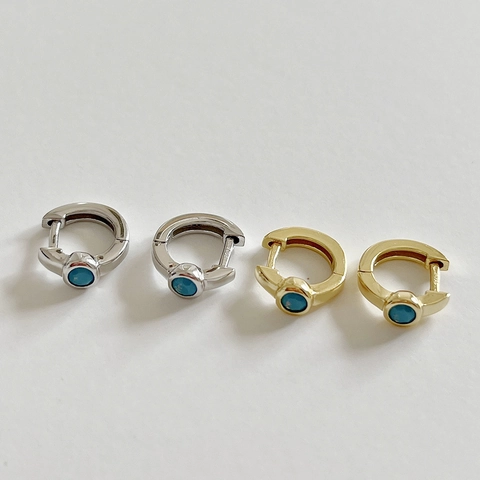 Minimalist Huggie Hoop Earrings With 925 Sterling Silver And Blue Zircon Round Stone Turkish Style Elegant For Women