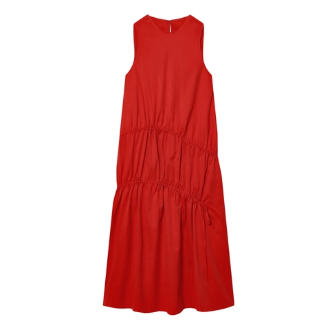 Ärmelloses Maxikleid Rot Rundhalsausschnitt Kordelzug Taille Rüschensaum Elegant Sommer Freizeit Mode Für Damen