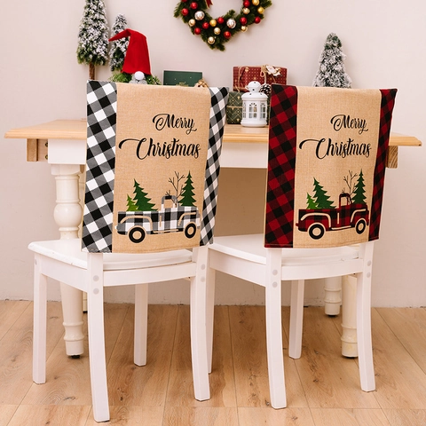 Christmas Chair Back Covers Linen Look Plaid Retro Truck Merry Christmas Print Farmhouse Dining Room Decor Holiday Party