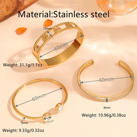 Bracelet Jonc Luxe en Acier au Titane Doré pour Femmes Strass Cœur Creux Treillis Matelassé Design-H Bracelet Acier Inoxydable Poli Bijoux