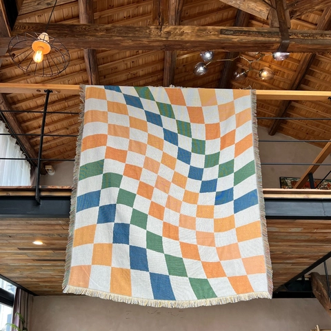 Multi Functional Cotton Knitted Blanket Colorful Checkerboard Geometric Throw With Tassels For Camping Picnic Sofa Decor