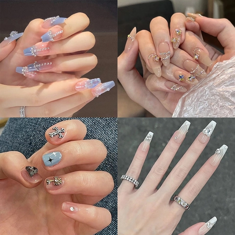 Press On Nails Artificial False Nail Tips French Gradient Heart Star Pattern Rhinestone Artificial Pearl Metal Decor For Women Daily Beauty Manicure