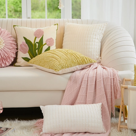 Floral Embroidered Throw Pillow Cover Tulip Pink Flower Shape Nordic Decorative Cushion Case For Sofa Home Decor