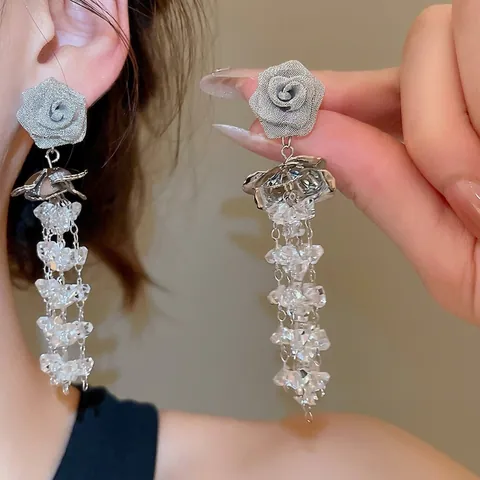 Orecchini Lunghi A Nappa Con Rosa E Perno In Argento Sterling 925 Cristallo Luccicante Gioielli Per Donna