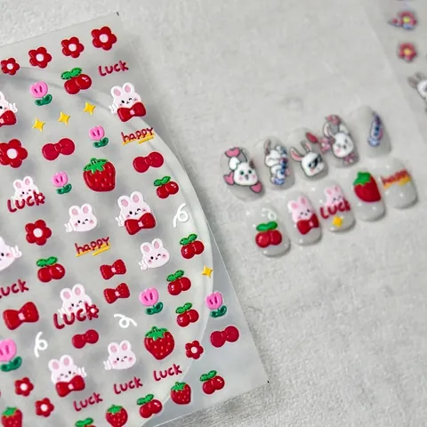 Nagelstickers Met Reliëf Van Konijnen En Fruit Zelfklevende Decals Manicure DIY Kawaii Zoet Ontwerp Voor Meisjes