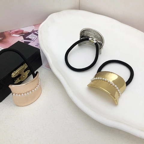 Elegante Elastische Haarelastiekjes Met Gebogen Metalen Plaat En Kunstparels Minimalistische Haarbanden Dames Ponytail Holder