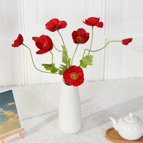 Kunstmatige Klaproos Satijnn Bloemen Realistische Lange Steel Gevlokt Voor Bruiloft Decoratie Fotografie Rekwisieten