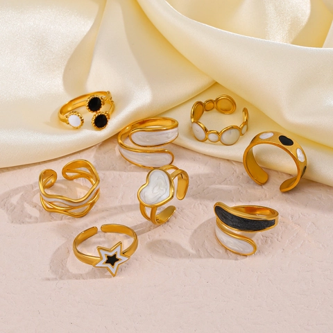 Stainless Steel Jewelry Gold Plated Enamel Minimalist Star Heart Geometric Adjustable Open Ring For Women