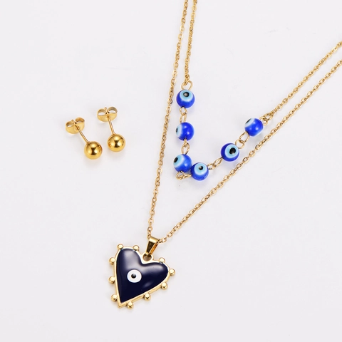 Evil Eye Herz Halskette Und Ohrstecker 304 Edelstahl Doppelreihige Kette Emaille Schmuck Damen Minimalistisch Mode