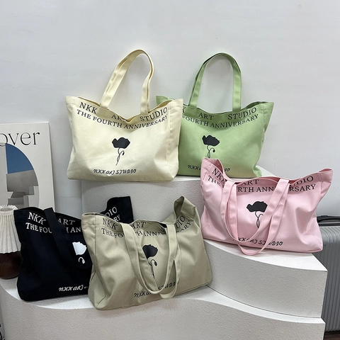 Large Capacity Canvas Tote Bag Women Shoulder Handbag Simple Floral Letter Print Trendy Daily Versatile Shopper