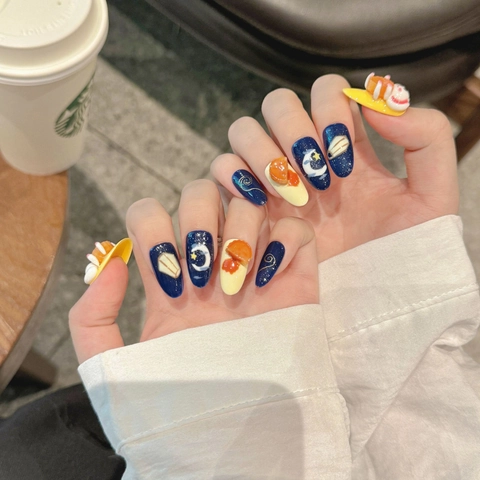 Unghie Finte a Pressione Artigianali 3D Coniglio Luna Blu Giallo Resina Unghie Finte Dolce Carino Cielo Stellato Decorativo Manicure