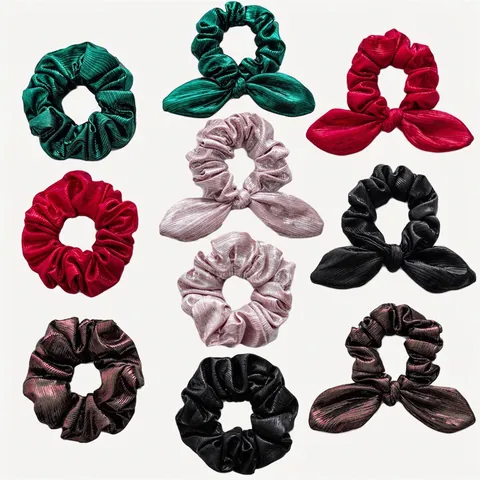 Christmas Metallic Gloss Fabric Scrunchies Bow Knot Long Streamers Rabbit Ears Hair Ties For Women Festive Hair Ornaments