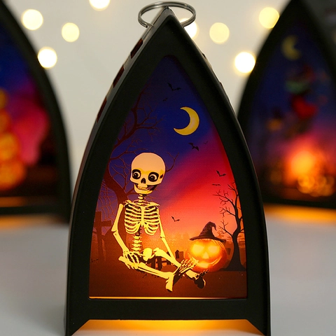 Lanterne LED Halloween Veilleuse Portable Arche Gothique Citrouille Squelette Sorcière à Piles Décoration de Fête Ornement Maison