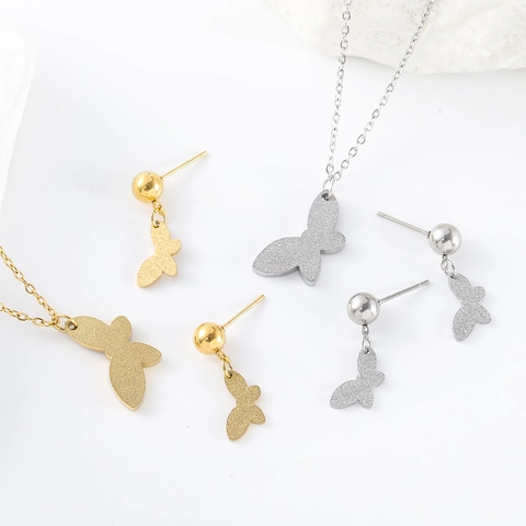 Collar De Mariposa Y Pendientes De Mariposa Acero Inoxidable 304 Esmerilado Mate Minimalista Joyería Mujer