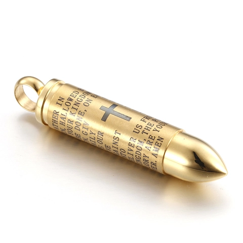 Bullet Cross Pendant Openable Stainless Steel Lord's Prayer Engraved Memorial Casket Religious Hip Hop Men
