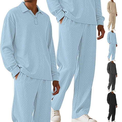 Heren Wafelbreisel Polo Top En Broek Casual Loungewear Getextureerde Jacquard Lange Mouwen Effen Kleur Revers Home Wear