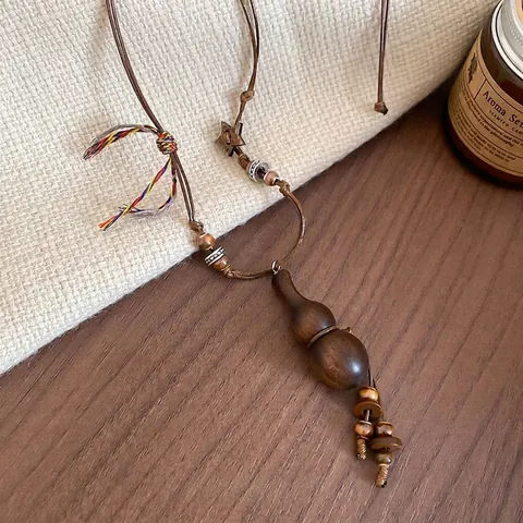 Gourd Anhänger Halskette Holz Legierung Keramik Ethnisch Vintage Handgefertigte Lange Pulloverkette Für Frauen Stern Dekor