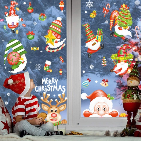 Christmas Window Clings Static Stickers PVC Double Sided Santa Claus Reindeer Gnome Snowflakes Holiday Glass Decor