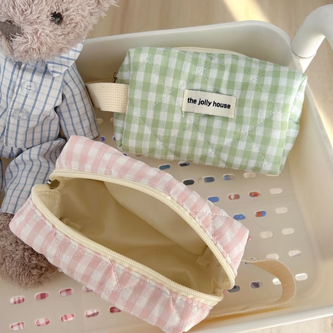 Gesteppte Gingham Kosmetiktasche Baumwolle Make-Up Beutel Tragbarer Reise Organizer Weiche Karostoff Handtasche Für Damen
