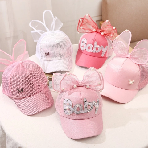 Berretto da Baseball per Ragazze in Stile Coreano Cappello da Sole Traspirante in Rete con Fiocco Grande Perle Artificiali Strass Lettera Bambini