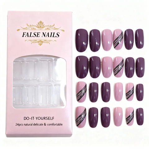 Almond Press On Nails Glossy Pink Purple Black Line Glitter Art Elegant Manicure For Women