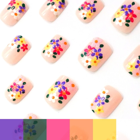 Short Square Press On Nails ABS Plastic Colorful Floral Pattern Sweet Dopamine Style False Nails For Women