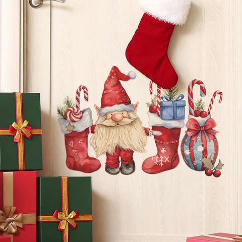 Christmas Wall Stickers Gnome Santa Stockings Candy Cane Removable PVC Decals For Bedroom Window Glass Decor