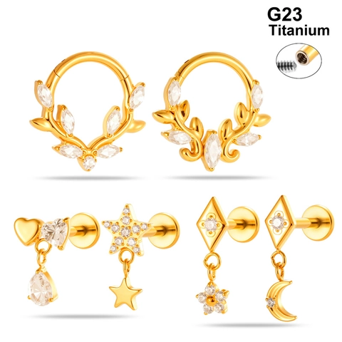G23 Titanium Lip Ring Stud Earrings With Zircon Star Moon Dangle Flat Back Internal Thread Body Piercing Jewelry