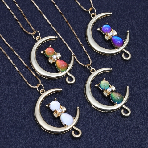 Collana Con Ciondolo Gatto Sulla Luna Rame Zircone Strass Gioielli Per Donna Regalo Di Compleanno Moda Elegante