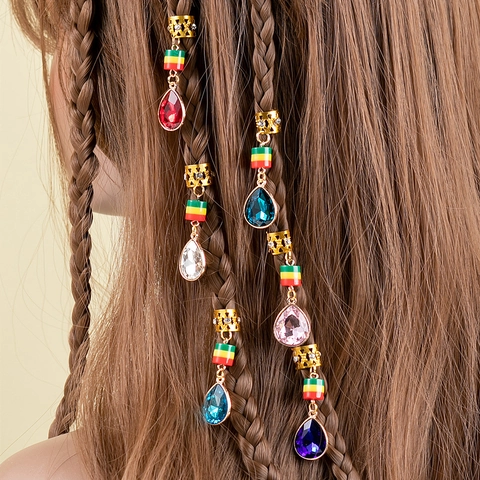 Dreadlock Jewelry Braid Rings Hair Pendants Alloy Hollow Colorful Beads Teardrop Rhinestone Boho Accessories For Women