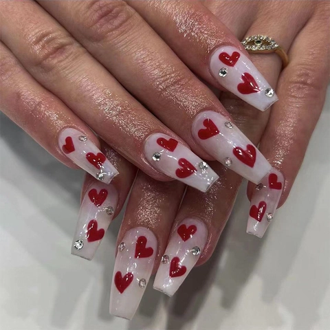 Press On Nails Coffin Shape Milky White With Red Heart Pattern And Rhinestone Decor Romantic Valentine Style For Women